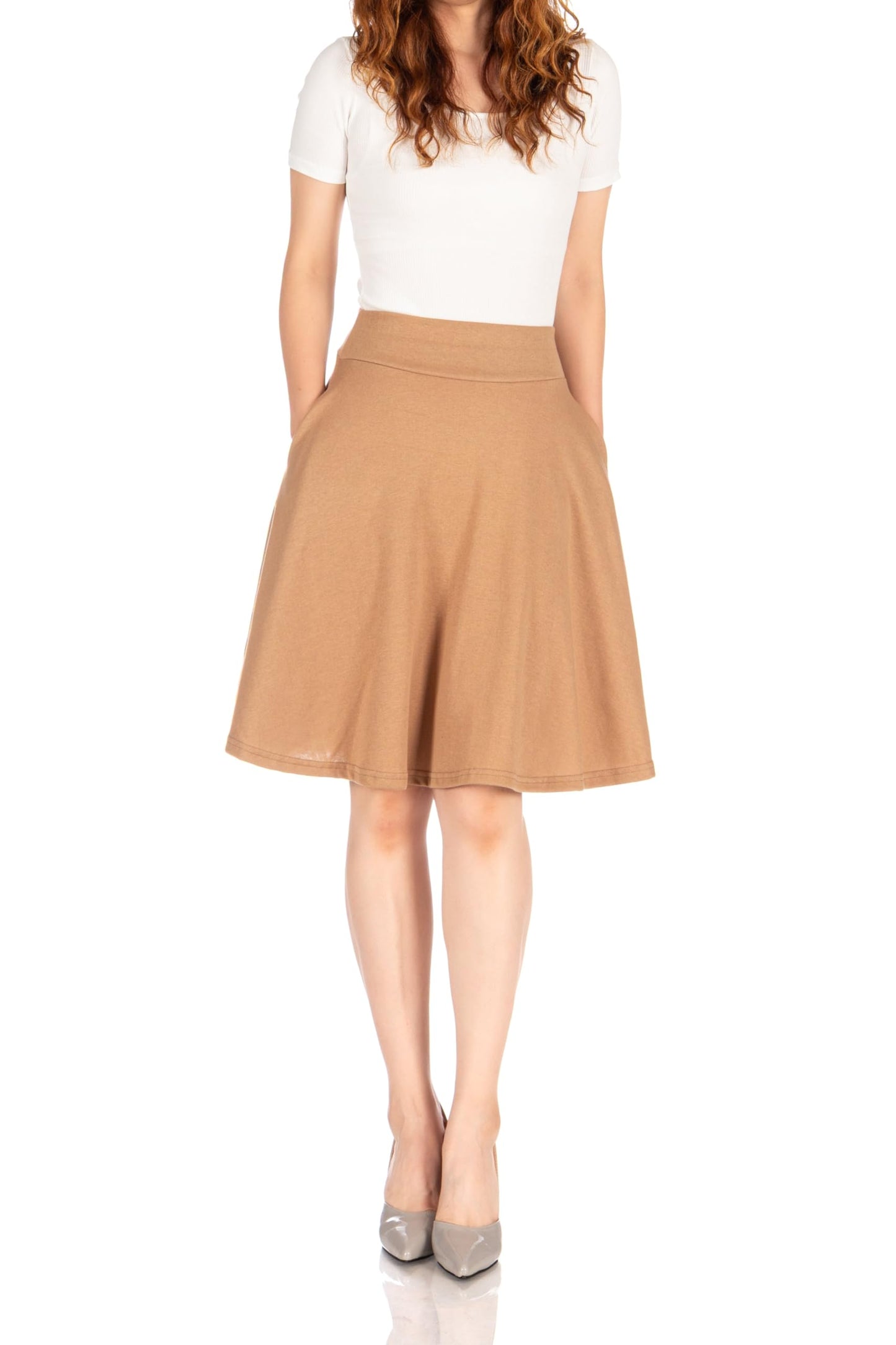 Dani's Choice High-Waisted Cotton Blend Skirt with Pockets - Knee Length A-line Flare for Business and Casual Wear