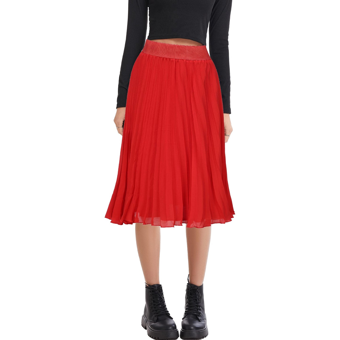Womens Chiffon High Waist Skirt Pleated A-Line Swing Elastic Shirring Midi Length