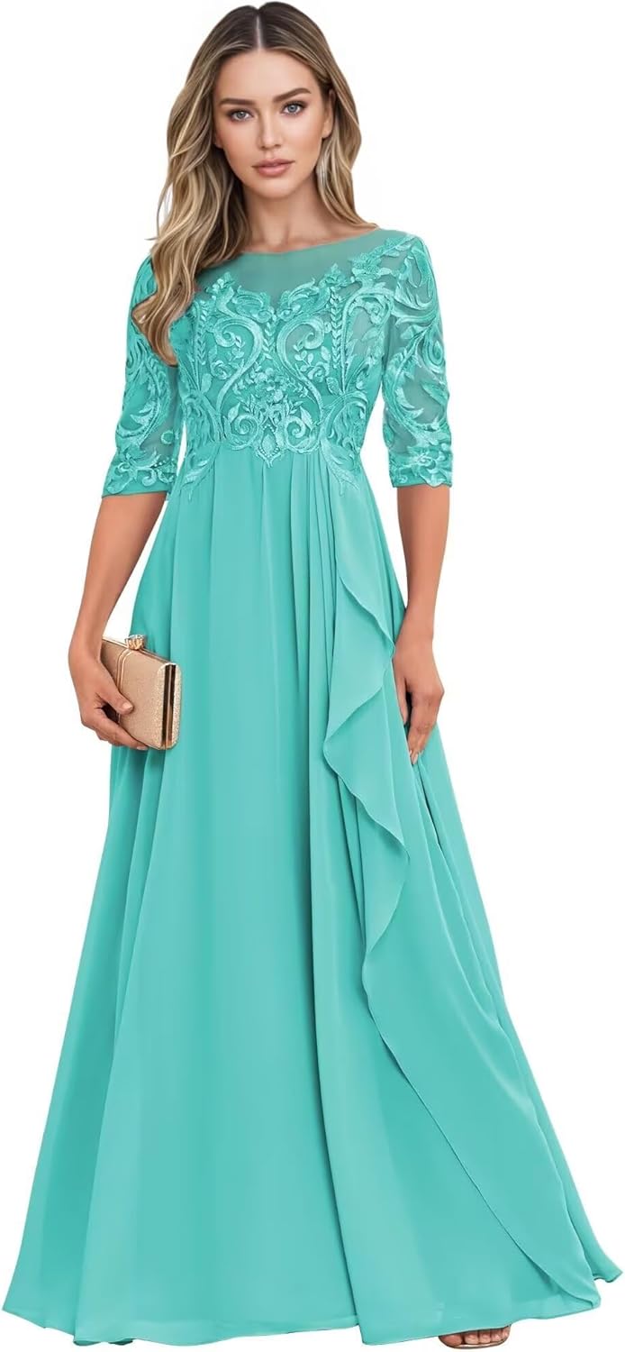 Long Mother of The Bride Dresses for Wedding Guest Half Sleeves Ruffle A Line Evening Party Gown HX012