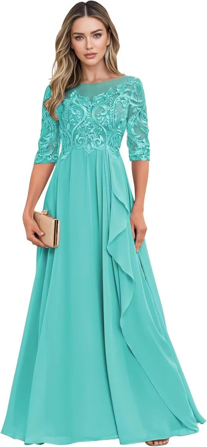 Long Mother of The Bride Dresses for Wedding Guest Half Sleeves Ruffle A Line Evening Party Gown HX012