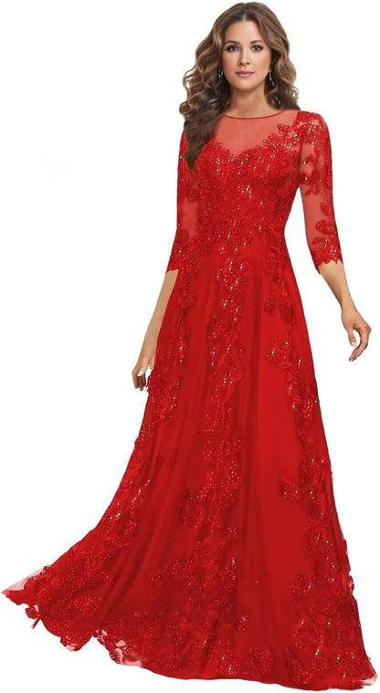 Lace Mother of the Bride Dress Long for Wedding Party Guest 3/4 Sleeves Formal Evening Gown JH028