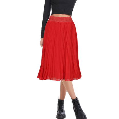 Womens Chiffon High Waist Skirt Pleated A-Line Swing Elastic Shirring Midi Length