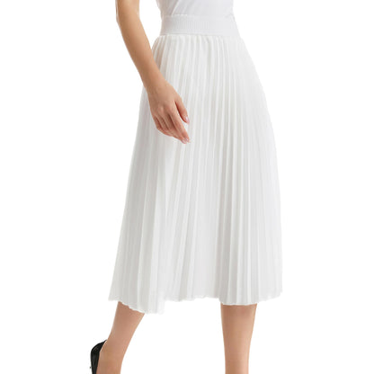 Womens Chiffon High Waist Skirt Pleated A-Line Swing Elastic Shirring Midi Length