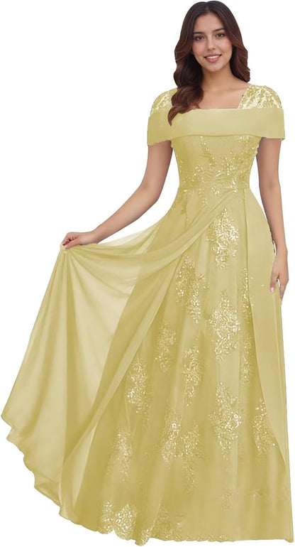 Lace Sequin Applique Mother of The Bride Dresses for Wedding Cap Sleeve A Line Long Wedding Guest Dresses for Women