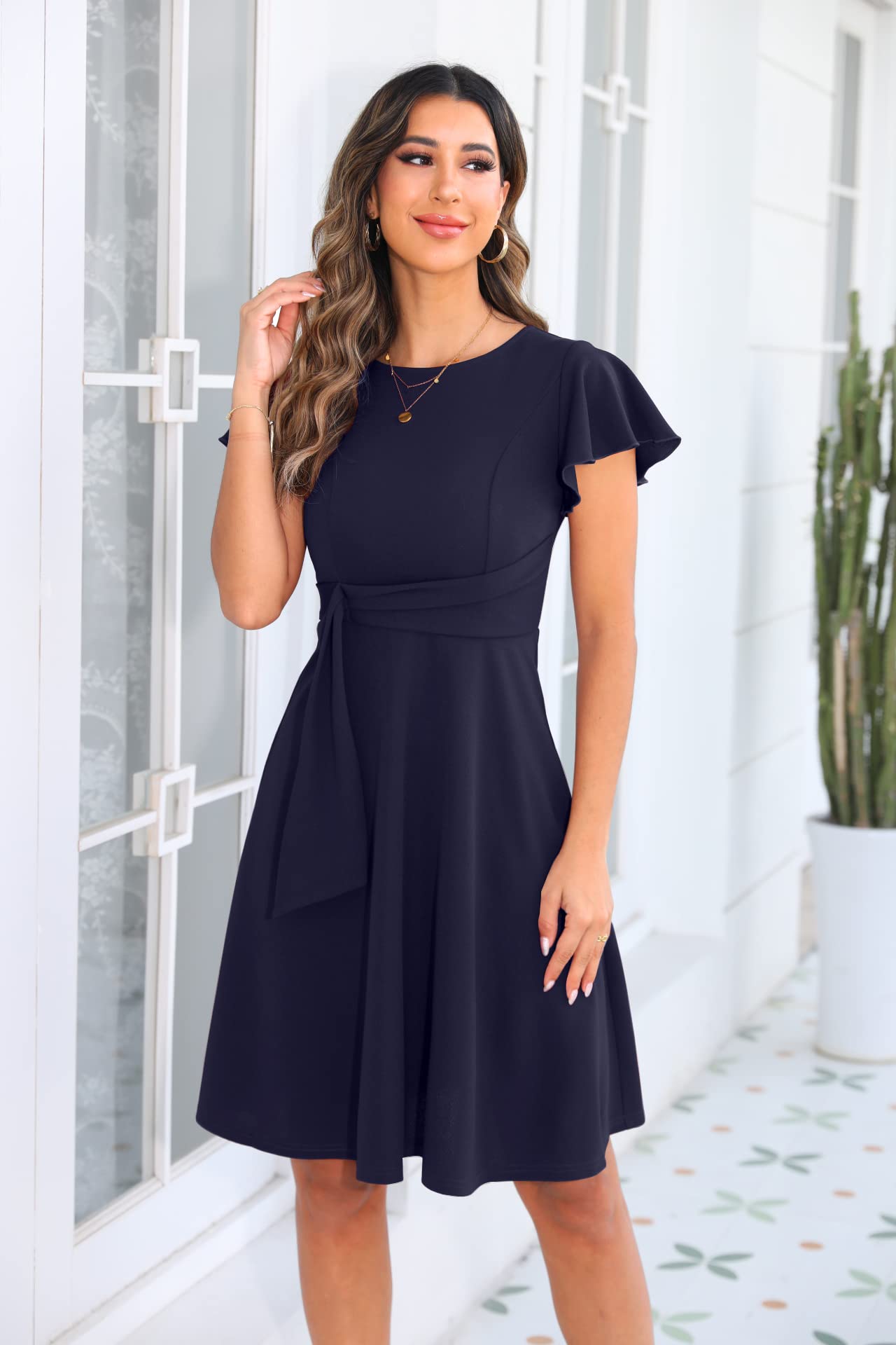 OWIN Womens 2026 Elegant Ruffle Sleeve Flared A Line Swing Casual Party Cocktail Dresses