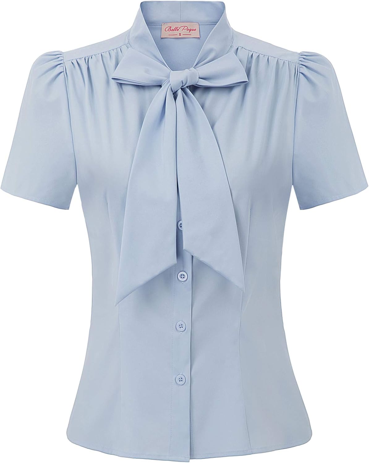 Belle Poque Summer Short Sleeve Office Button Down Blouse Stripe Shirt Tops with Bow Tie BP573