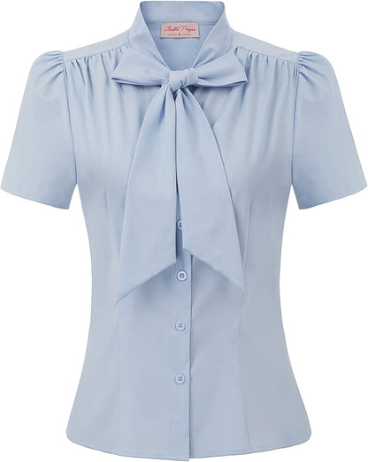 Belle Poque Summer Short Sleeve Office Button Down Blouse Stripe Shirt Tops with Bow Tie BP573