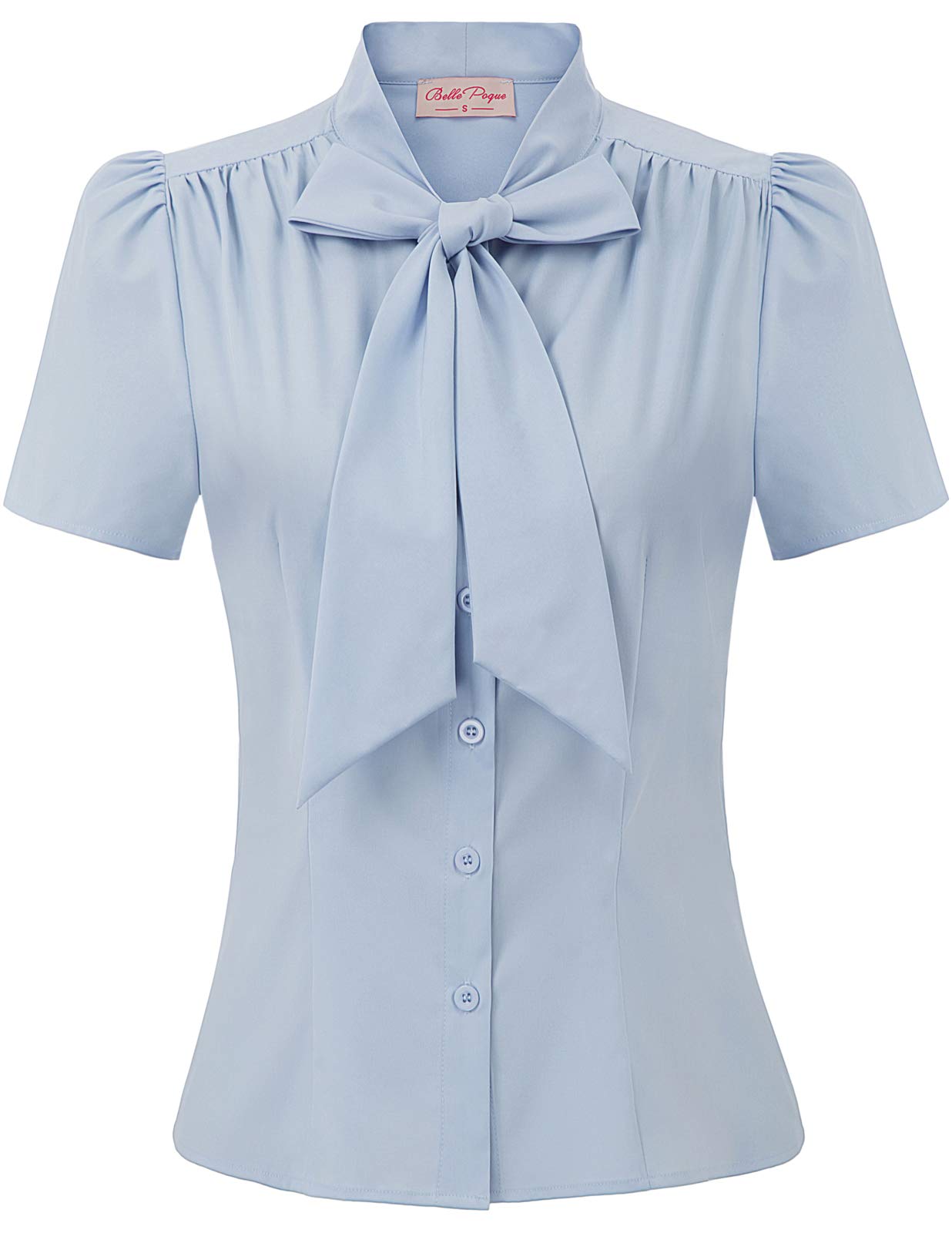 Belle Poque Summer Short Sleeve Office Button Down Blouse Stripe Shirt Tops with Bow Tie BP573