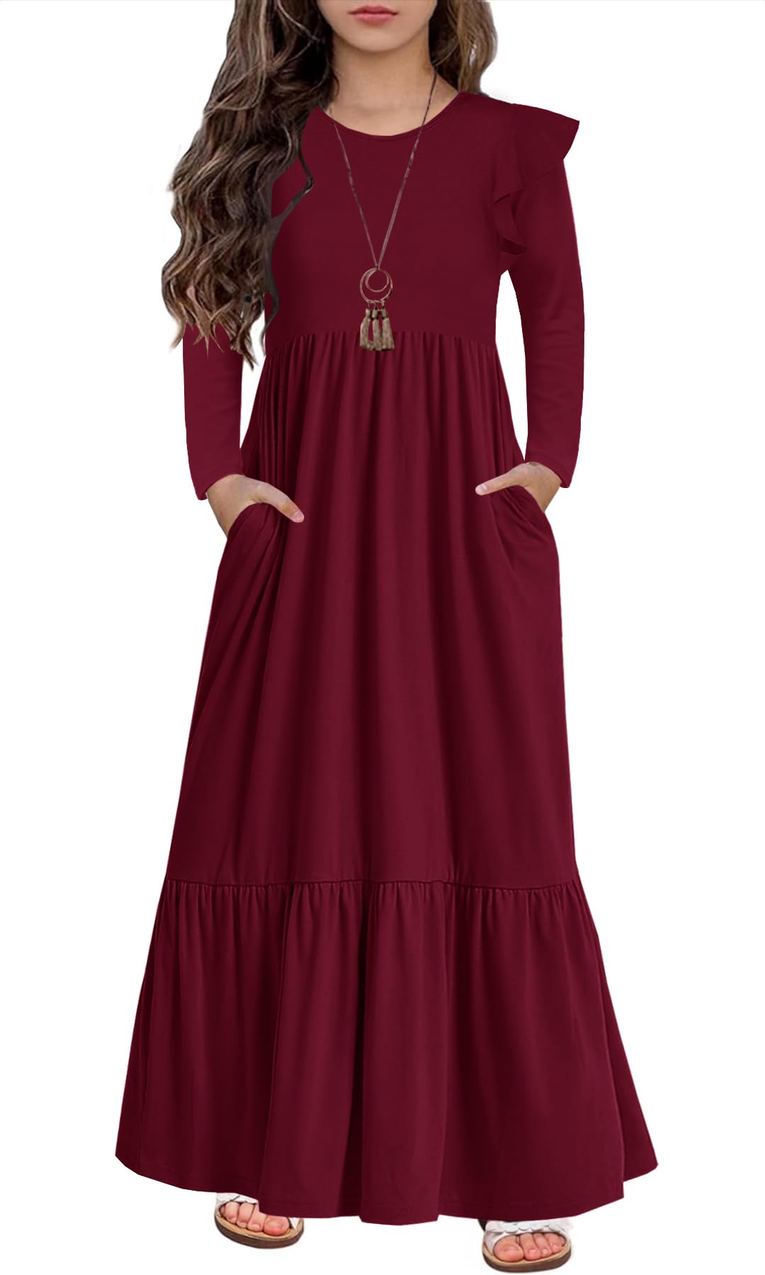 HOSIKA Girls Fall Ruffle Long Sleeve Crew Neck Loose Casual Flowy Tiered Maxi Dress with Pockets for 6-12 Y