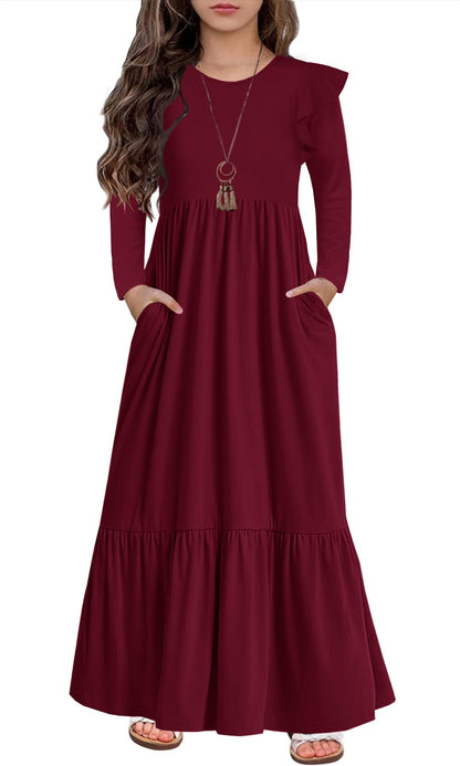 HOSIKA Girls Fall Ruffle Long Sleeve Crew Neck Loose Casual Flowy Tiered Maxi Dress with Pockets for 6-12 Y