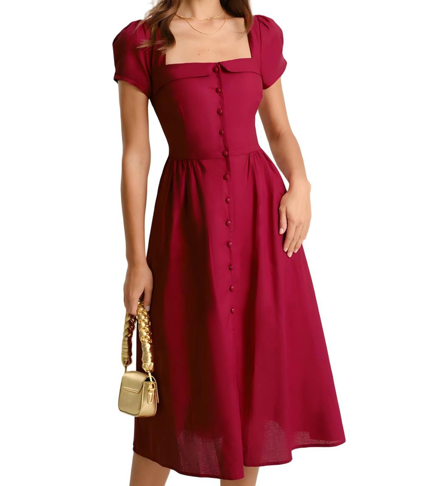 RIHOAS Elegant Casual Dresses for Women Short Sleeve Puff Square Neck A-Line Midi Dress