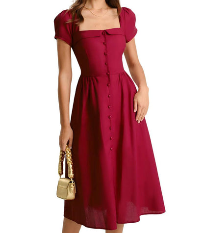 RIHOAS Elegant Casual Dresses for Women Short Sleeve Puff Square Neck A-Line Midi Dress