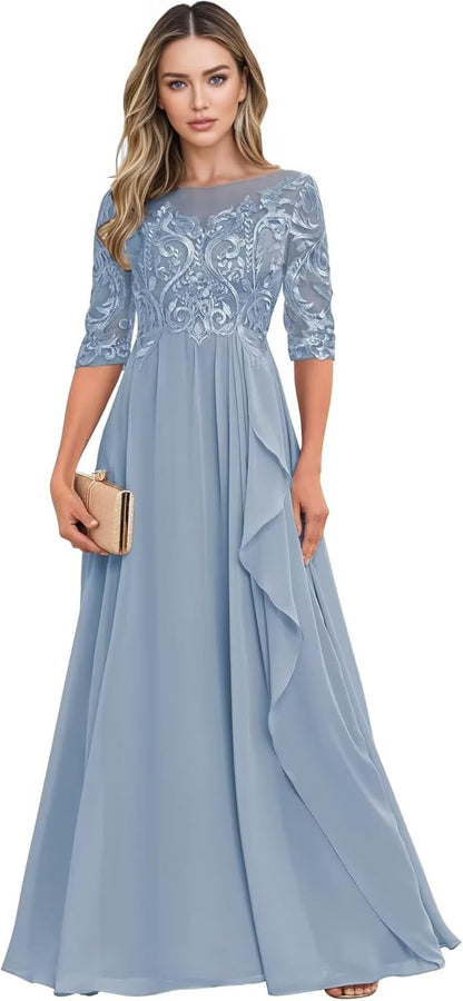 Long Mother of The Bride Dresses for Wedding Guest Half Sleeves Ruffle A Line Evening Party Gown HX012