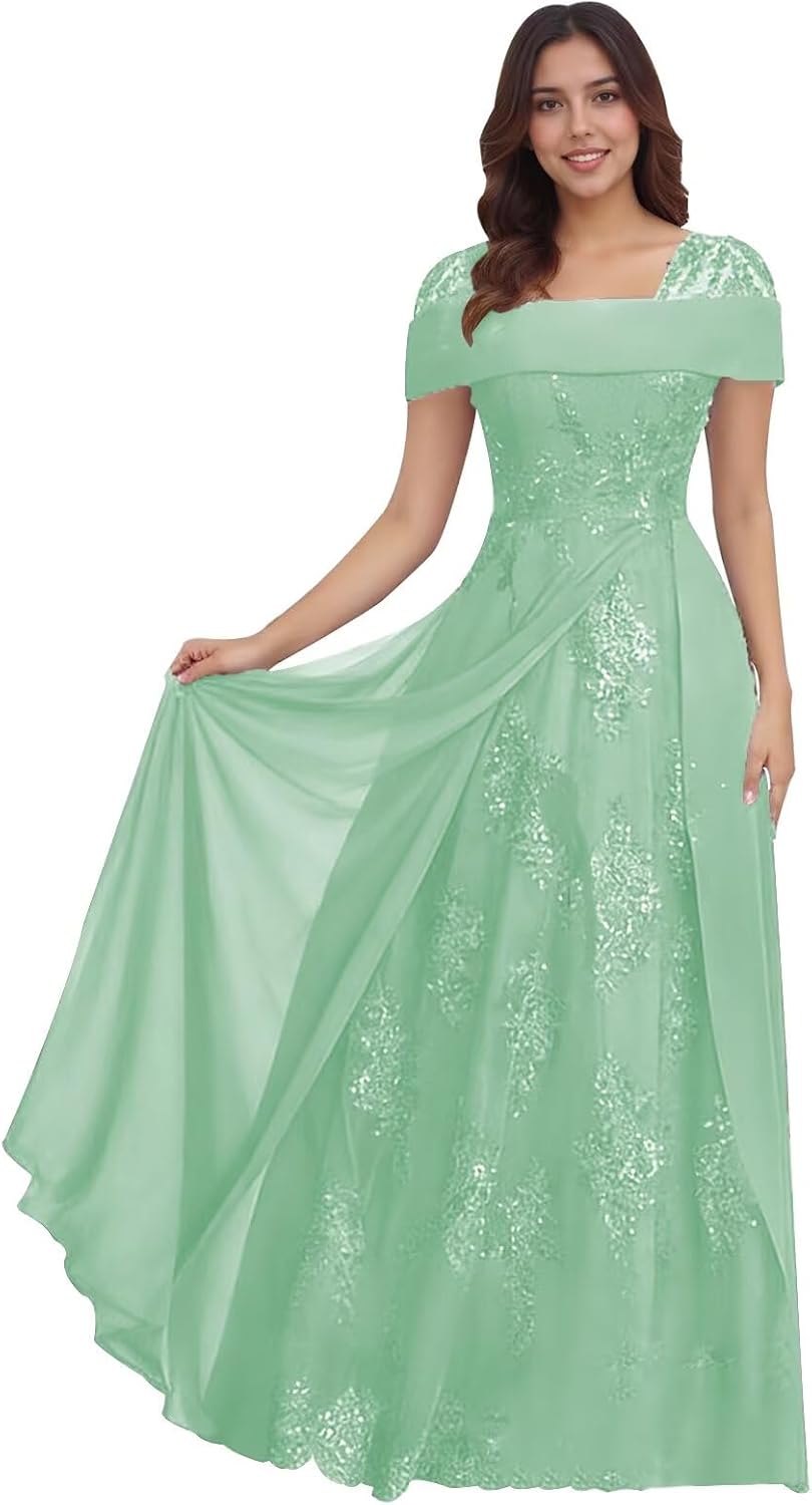 Lace Sequin Applique Mother of The Bride Dresses for Wedding Cap Sleeve A Line Long Wedding Guest Dresses for Women