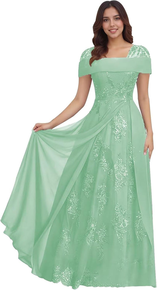 Lace Sequin Applique Mother of The Bride Dresses for Wedding Cap Sleeve A Line Long Wedding Guest Dresses for Women