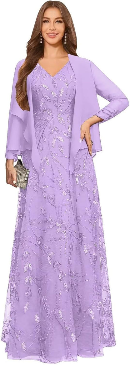 2 Piece Sequin Lace Mother of The Bride Dresses for Women with Jacket V Neck Long Formal Dresses Evening Gown