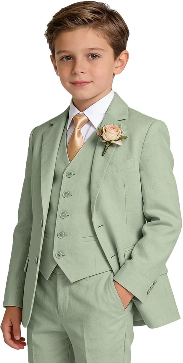 Boys Linen Suit Formal 3 Piece Toddler Tuxedo for Summer Beach Wedding Outfit Slim Fit Kids Suits Jacket Vest Pants