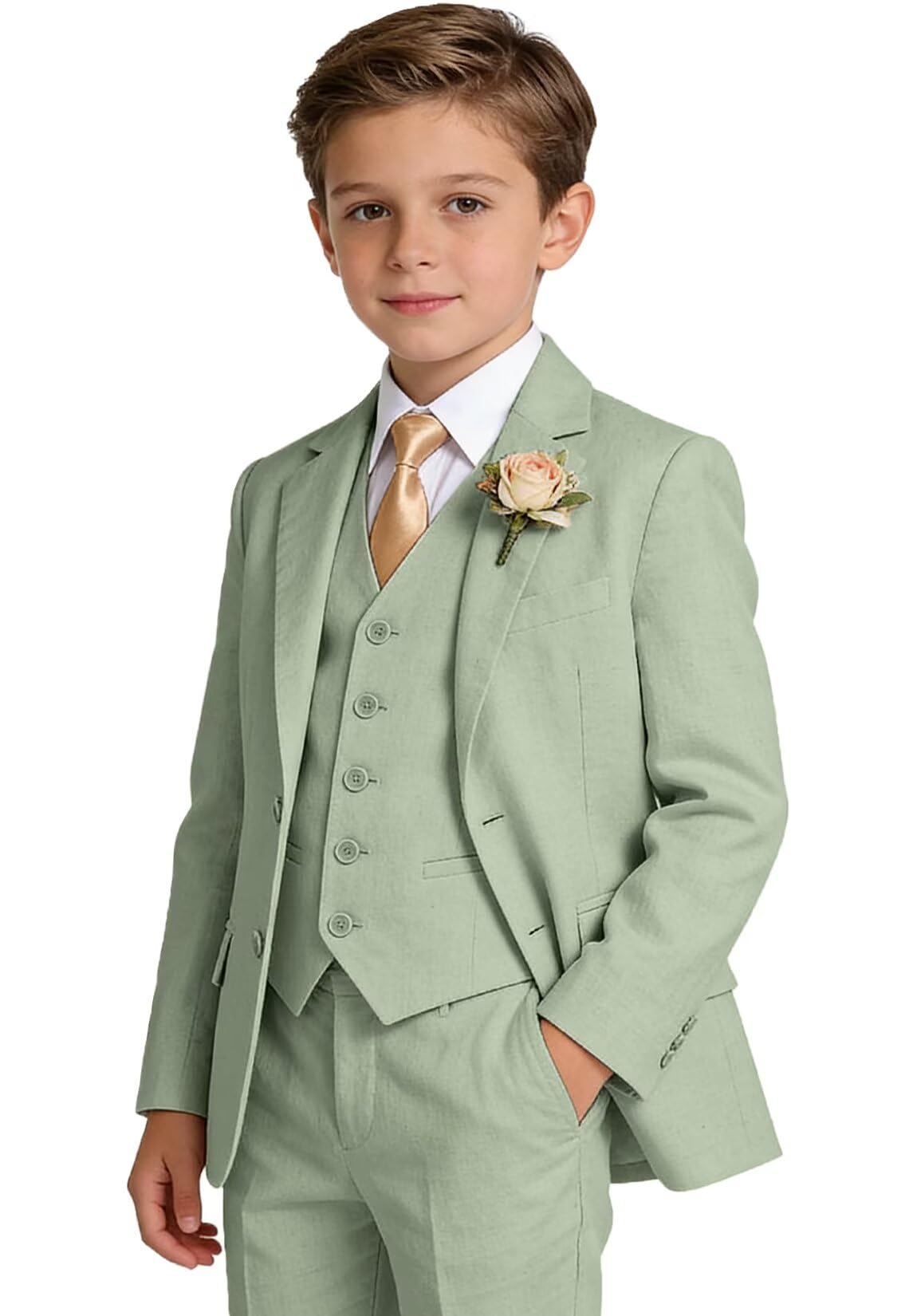 Boys Linen Suit Formal 3 Piece Toddler Tuxedo for Summer Beach Wedding Outfit Slim Fit Kids Suits Jacket Vest Pants