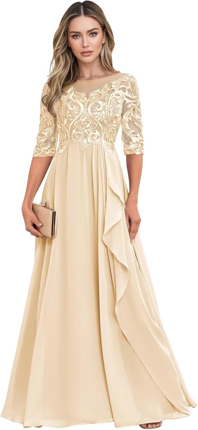 Long Mother of The Bride Dresses for Wedding Guest Half Sleeves Ruffle A Line Evening Party Gown HX012