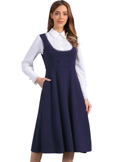 Allegra K Vintage Pinafore Dress for Women's 1950s Lace Trrim Midi Overall Dress with Pockets