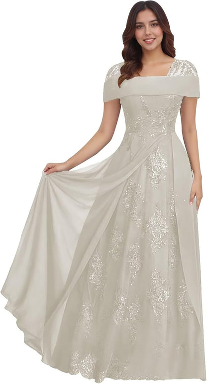 Lace Sequin Applique Mother of The Bride Dresses for Wedding Cap Sleeve A Line Long Wedding Guest Dresses for Women