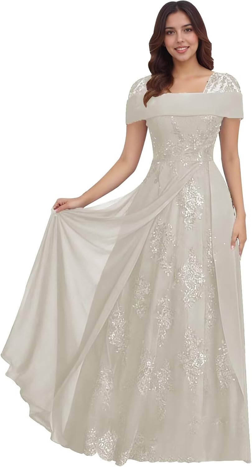 Lace Sequin Applique Mother of The Bride Dresses for Wedding Cap Sleeve A Line Long Wedding Guest Dresses for Women