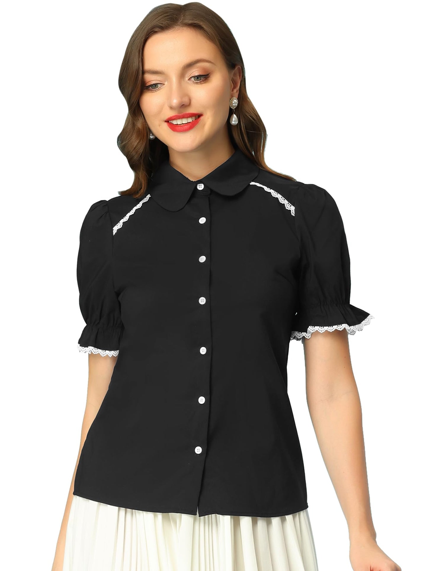 Allegra K Peter Pan Collar Shirt for Women Vintage Tops Puff Short Sleeve Button Down Retro Blouses 2026
