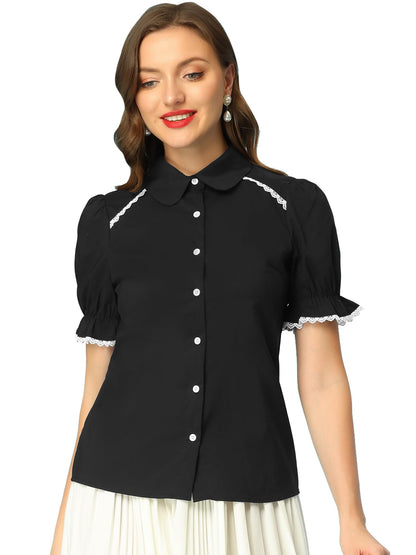 Allegra K Peter Pan Collar Shirt for Women Vintage Tops Puff Short Sleeve Button Down Retro Blouses 2026
