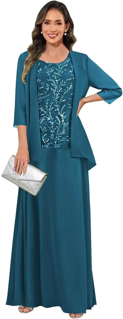 3 Pieces Mother of The Bride Dresses for Women 3/4 Sleeves Chiffon Lace Long Formal Wedding Guest Dress