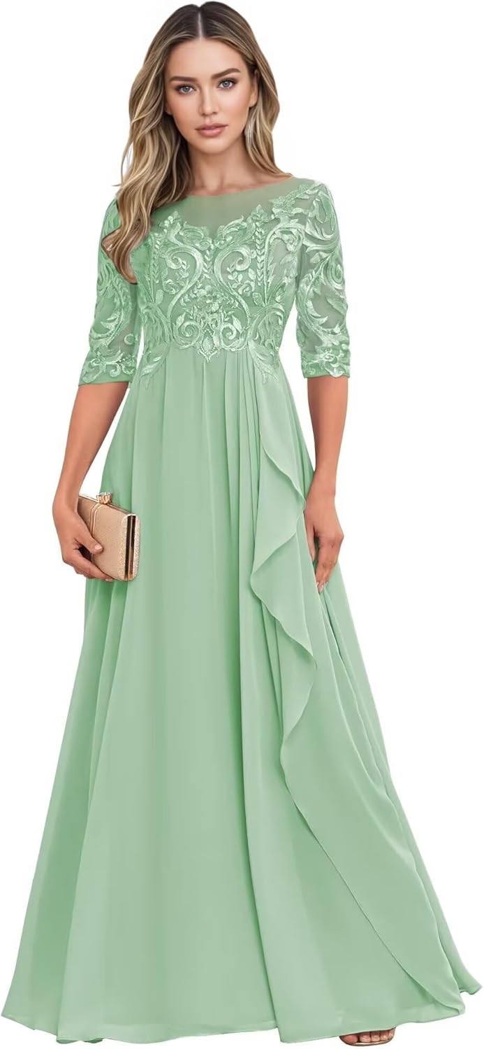 Long Mother of The Bride Dresses for Wedding Guest Half Sleeves Ruffle A Line Evening Party Gown HX012