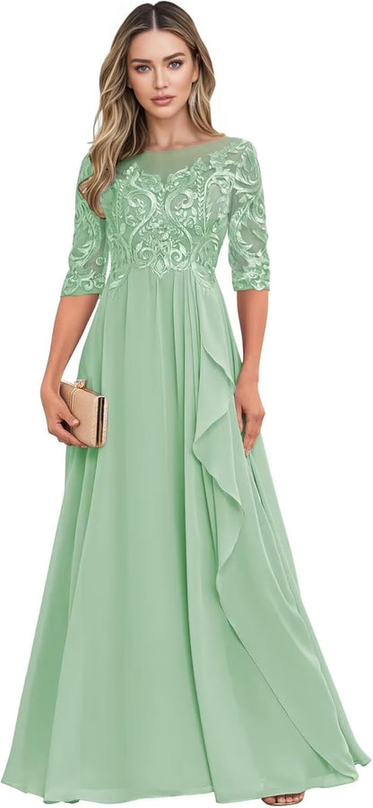 Long Mother of The Bride Dresses for Wedding Guest Half Sleeves Ruffle A Line Evening Party Gown HX012