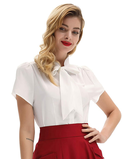 Belle Poque Summer Short Sleeve Office Button Down Blouse Stripe Shirt Tops with Bow Tie BP573