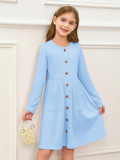 Girls Dresses Kids Button Down Midi Long Sleeve Casual A Line Dress with Pockets 4-14 Years