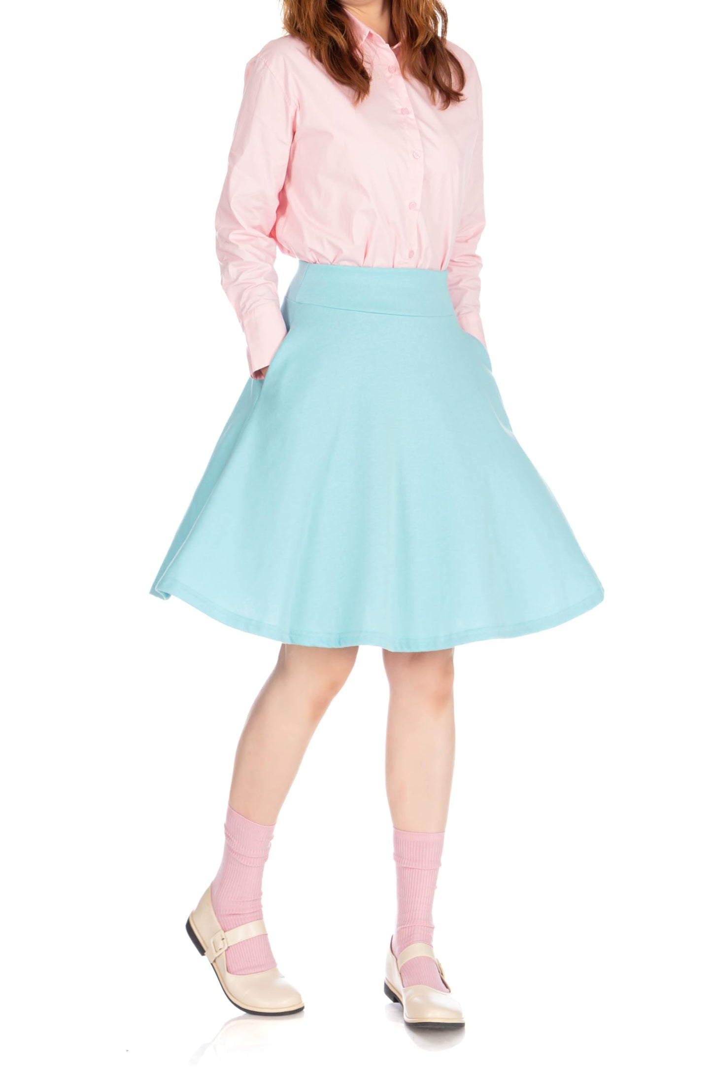 Dani's Choice High-Waisted Cotton Blend Skirt with Pockets - Knee Length A-line Flare for Business and Casual Wear