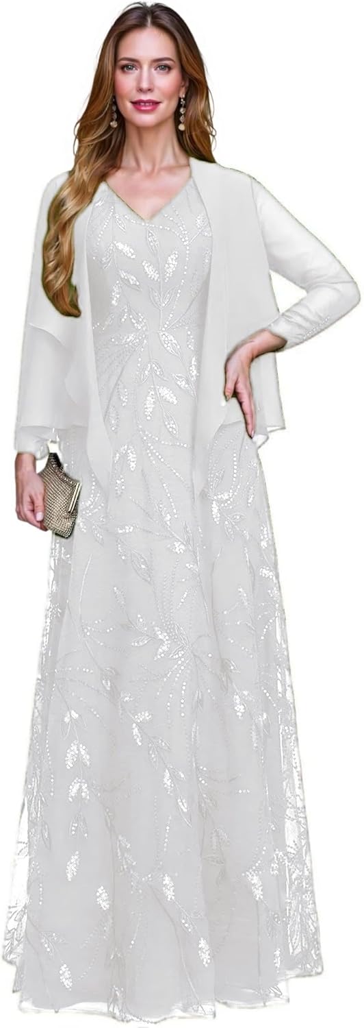 2 Piece Sequin Lace Mother of The Bride Dresses for Women with Jacket V Neck Long Formal Dresses Evening Gown