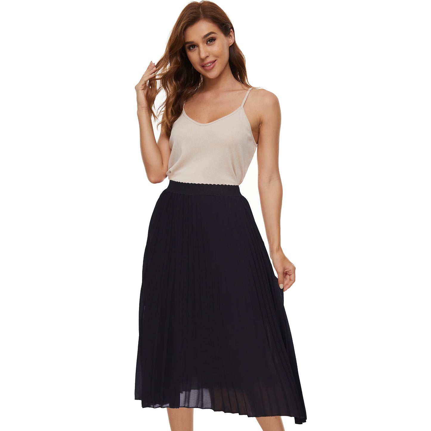 Womens Chiffon High Waist Skirt Pleated A-Line Swing Elastic Shirring Midi Length