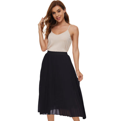 Womens Chiffon High Waist Skirt Pleated A-Line Swing Elastic Shirring Midi Length