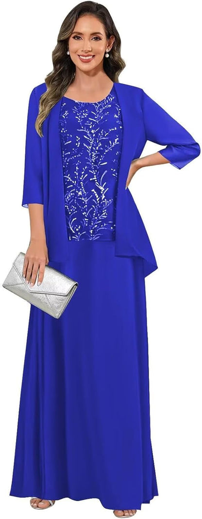 3 Pieces Mother of The Bride Dresses for Women 3/4 Sleeves Chiffon Lace Long Formal Wedding Guest Dress