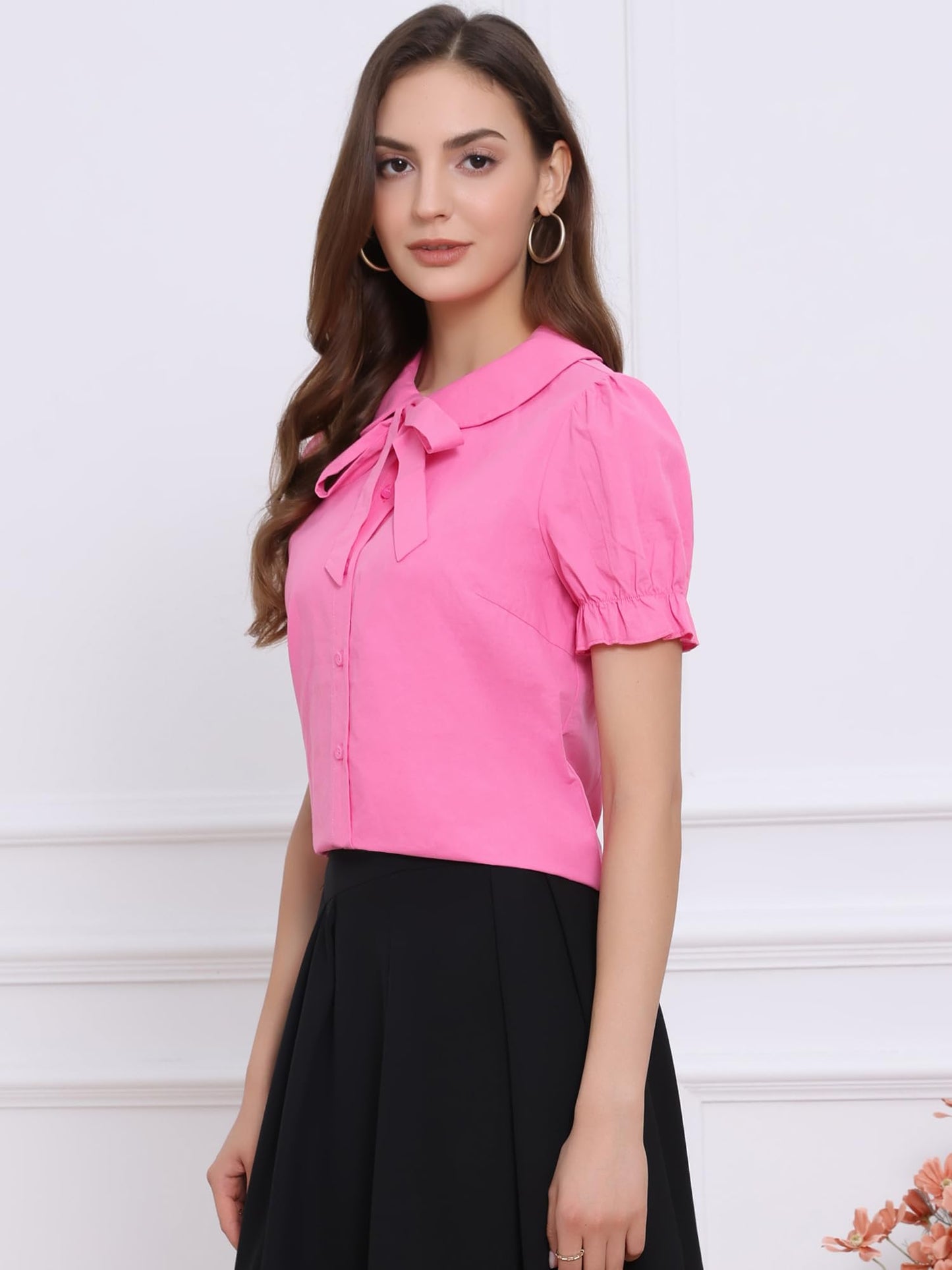 Allegra K Women's Vintage Peter Pan Collar Tie Neck Casual Cute Cotton Button-Up Shirt