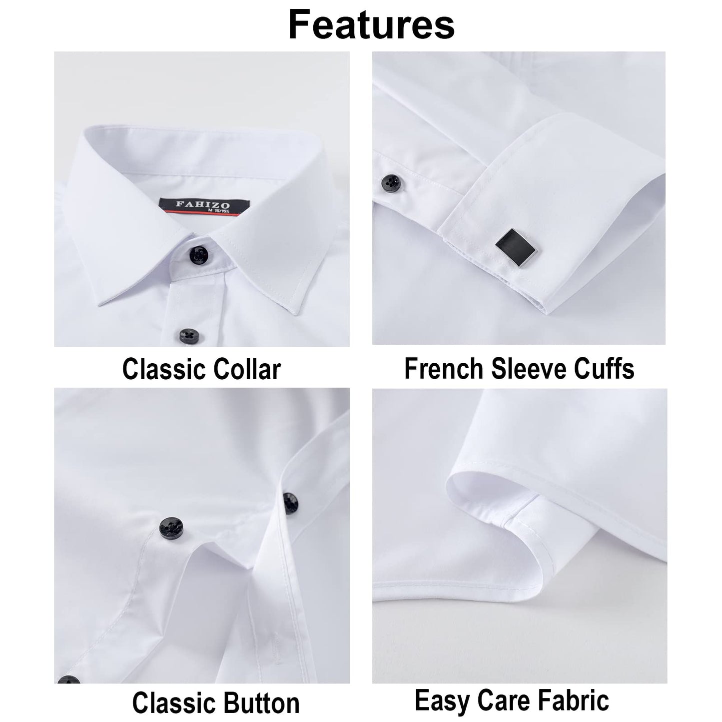 FAHIZO Men's White Tuxedo Shirt with Wing Collar, French Cuffs & Accessories