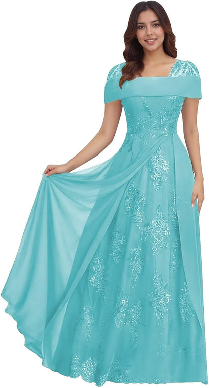 Lace Sequin Applique Mother of The Bride Dresses for Wedding Cap Sleeve A Line Long Wedding Guest Dresses for Women