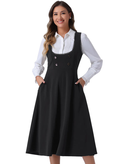 Allegra K Vintage Pinafore Dress for Women's 1950s Lace Trrim Midi Overall Dress with Pockets