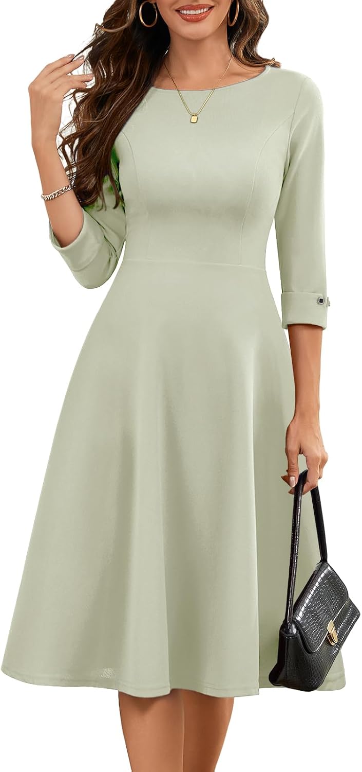 HomRain Women's Fit and Flare Midi Dress-3/4 Sleeve Modest Church Dress Classy Causal Work Dresses with Pockets