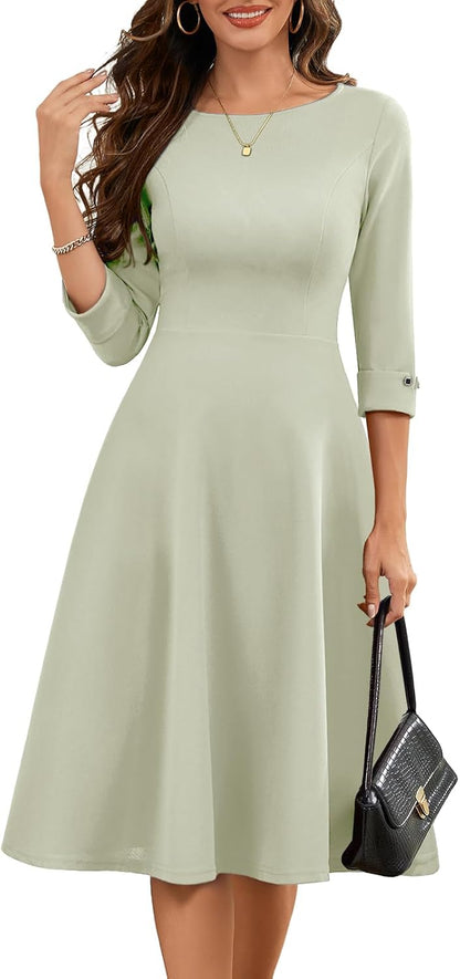 HomRain Women's Fit and Flare Midi Dress-3/4 Sleeve Modest Church Dress Classy Causal Work Dresses with Pockets