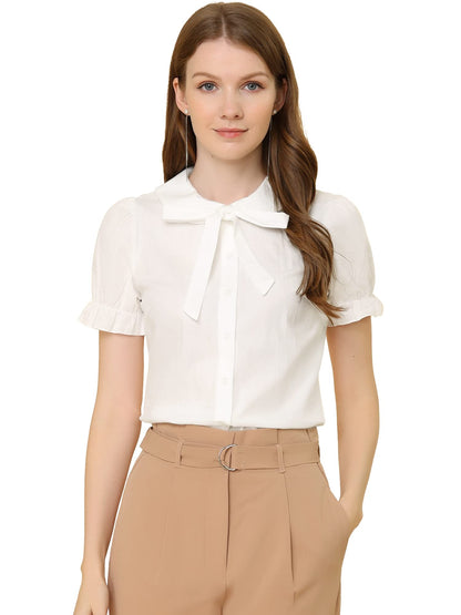 Allegra K Women's Vintage Peter Pan Collar Tie Neck Casual Cute Cotton Button-Up Shirt