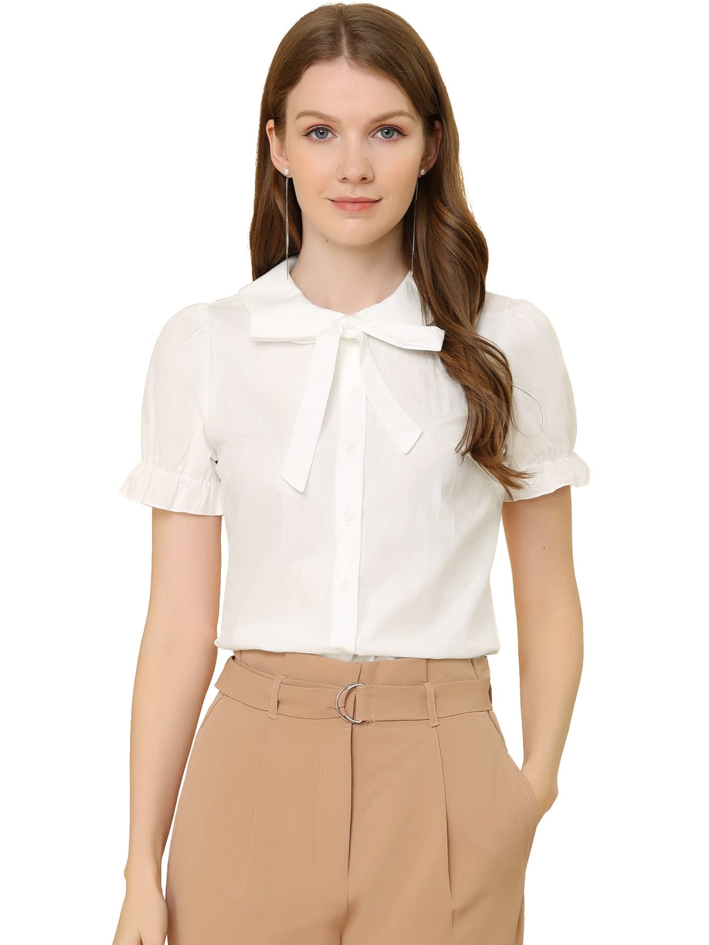 Allegra K Women's Vintage Peter Pan Collar Tie Neck Casual Cute Cotton Button-Up Shirt