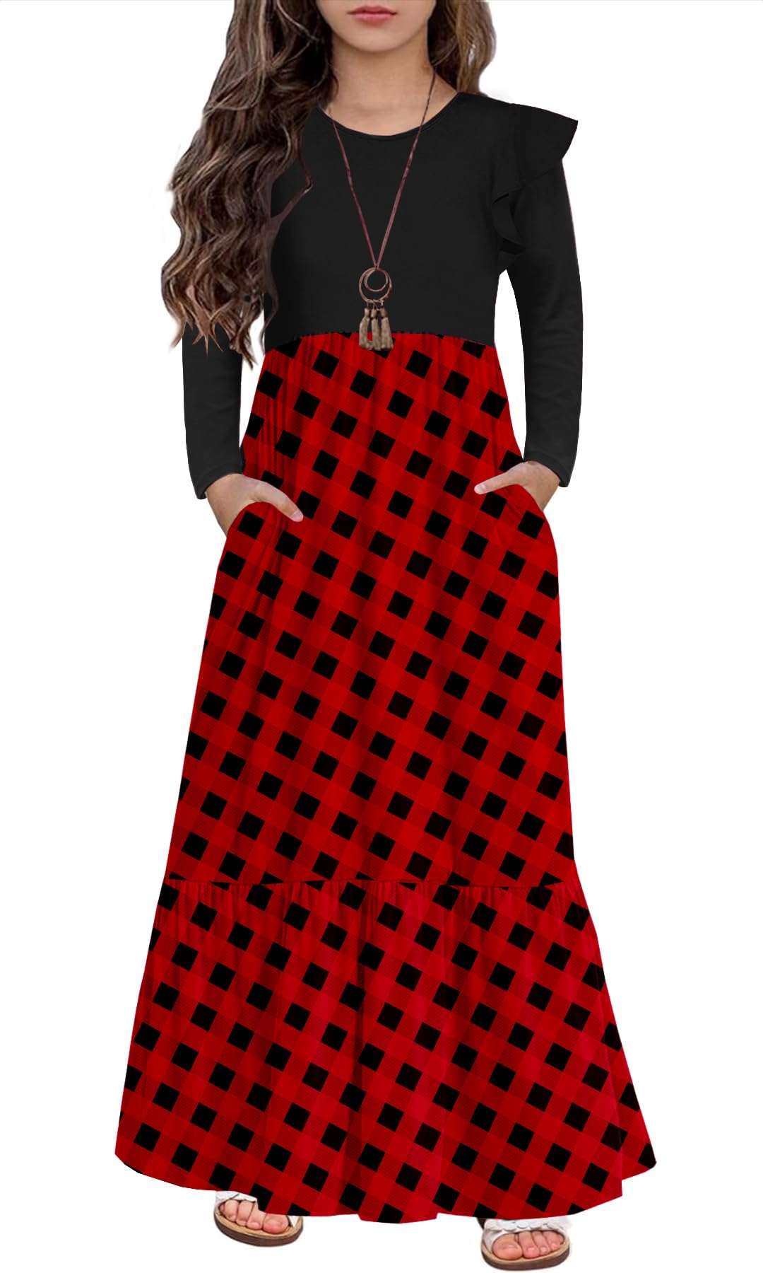 HOSIKA Girls Fall Ruffle Long Sleeve Crew Neck Loose Casual Flowy Tiered Maxi Dress with Pockets for 6-12 Y