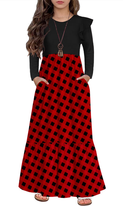 HOSIKA Girls Fall Ruffle Long Sleeve Crew Neck Loose Casual Flowy Tiered Maxi Dress with Pockets for 6-12 Y