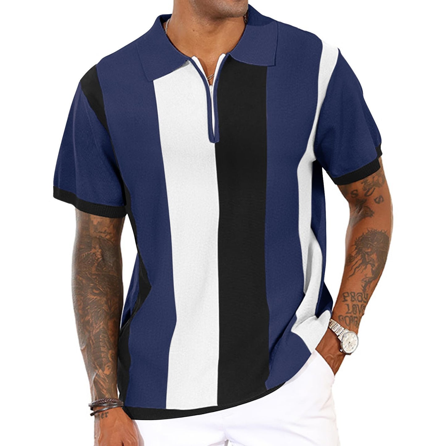 Men's Fashion Polo Shirts Vintage Striped Knitting Shirts Casual Slim Fit Golf Shirts