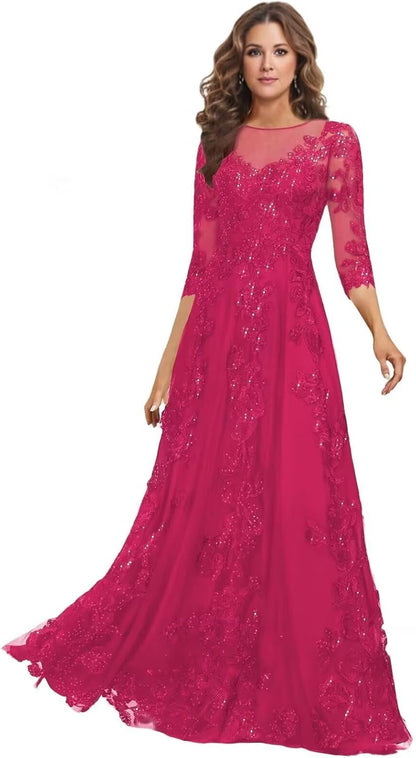Lace Mother of the Bride Dress Long for Wedding Party Guest 3/4 Sleeves Formal Evening Gown JH028